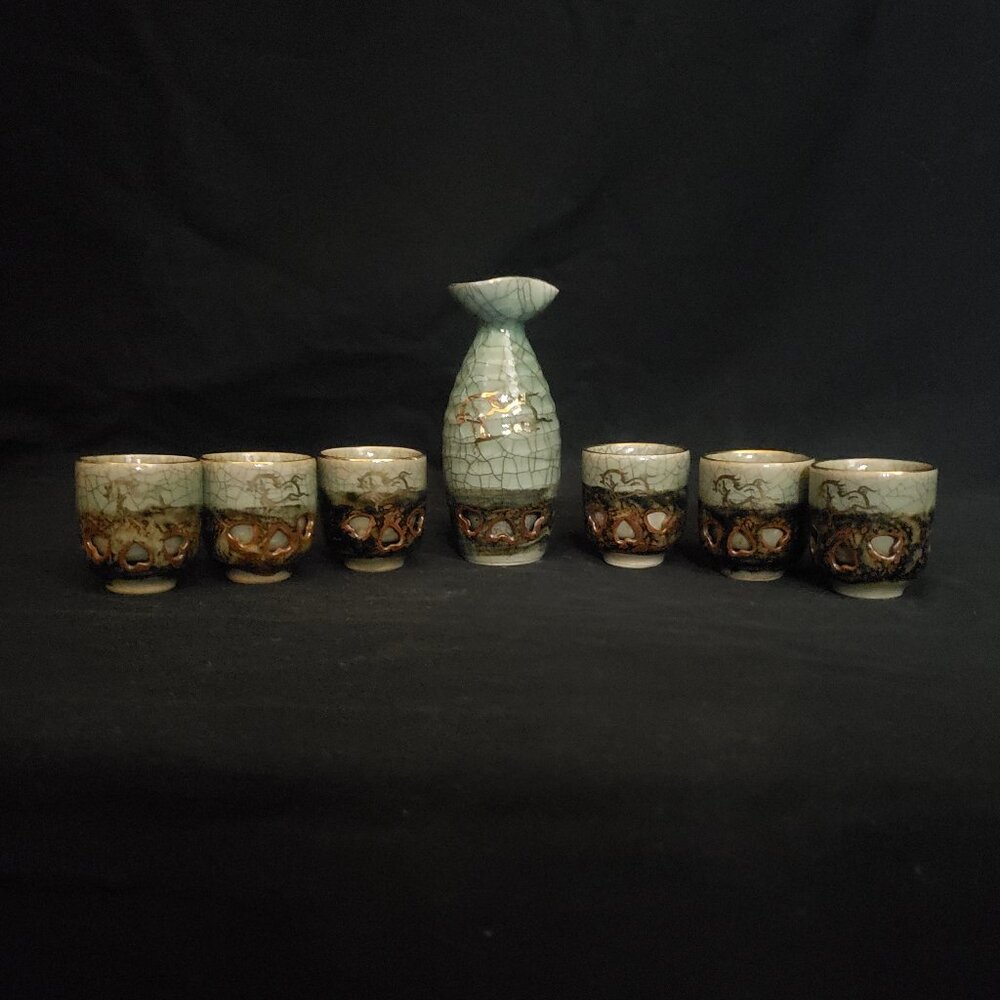 Vintage Japanese Somayaki Dbl Walled Sake Set - Pitcher & 6 Cups